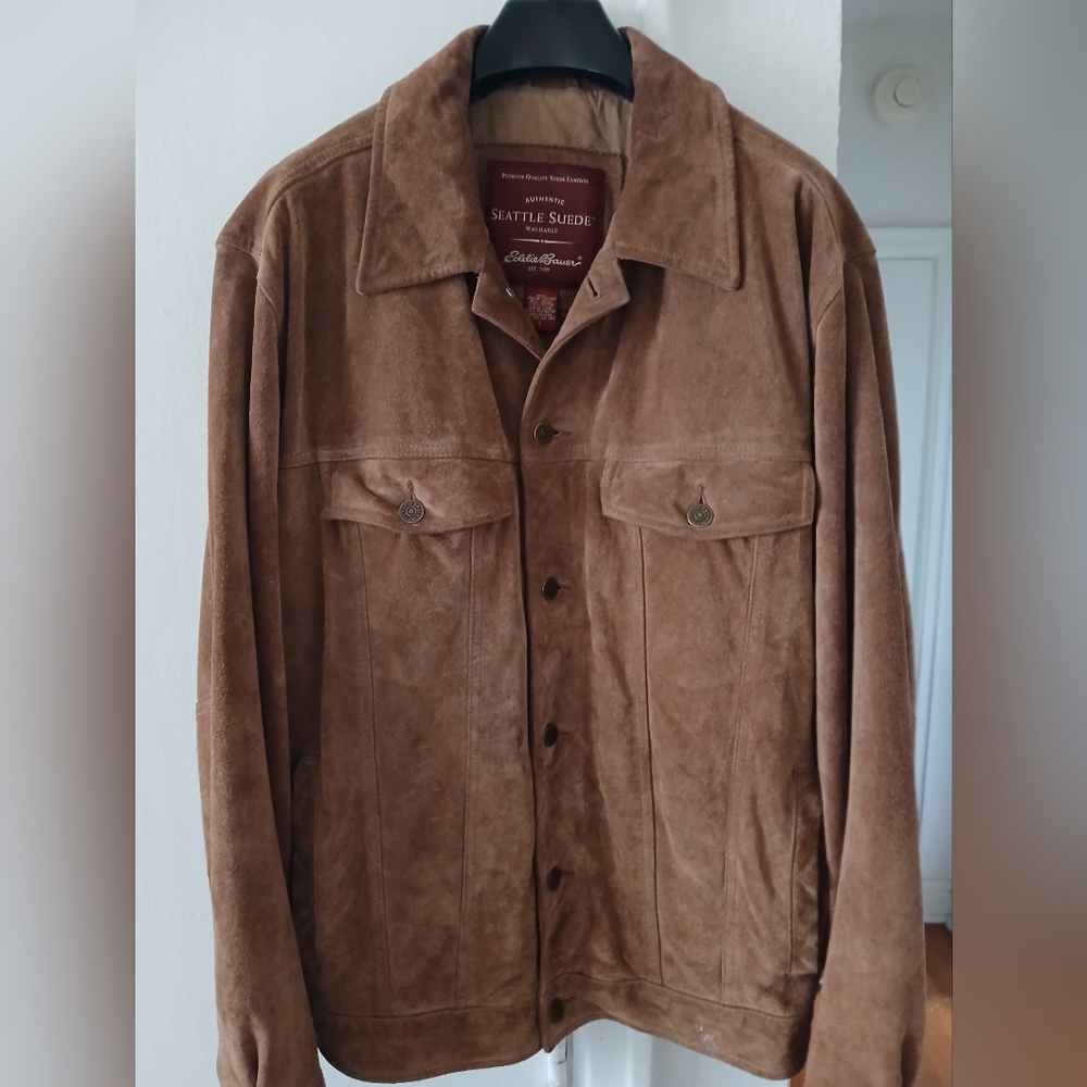 Eddie Bauer, Seattle Suede (Washable Suede) Trucker Jacket, Golden Brown…